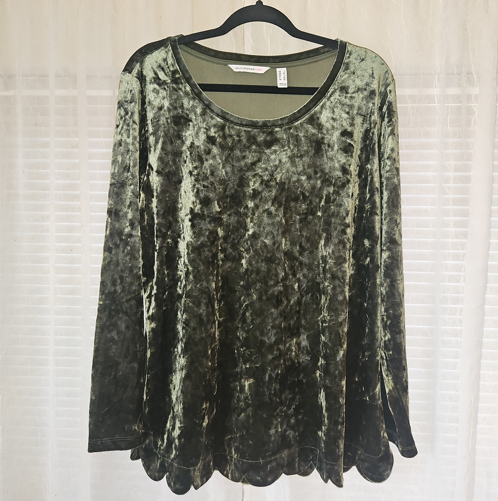 Isaac Mizrahi Olive Green Crushed Velvet Long Sleeve Top